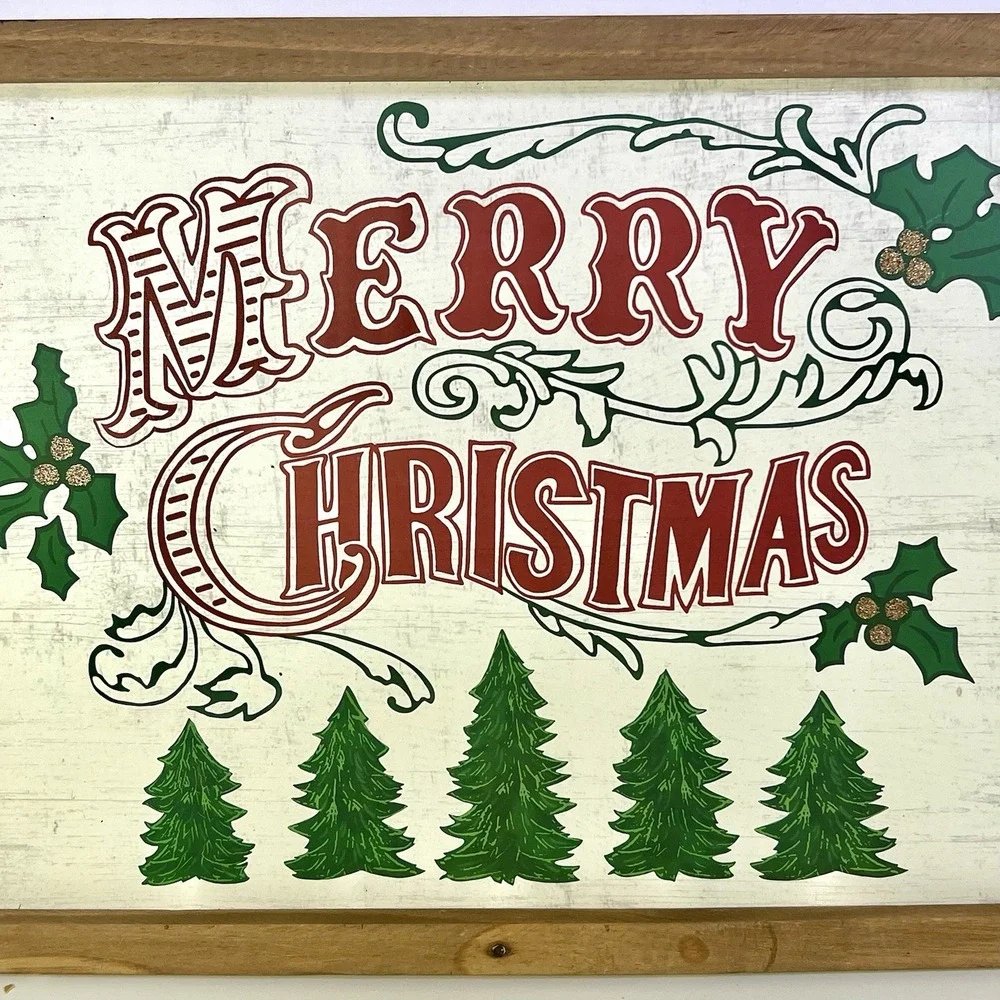 Pier 1 Folk Art Merry Christmas Wood Frame Wall Art Decor Rustic Cottage 12x17.5